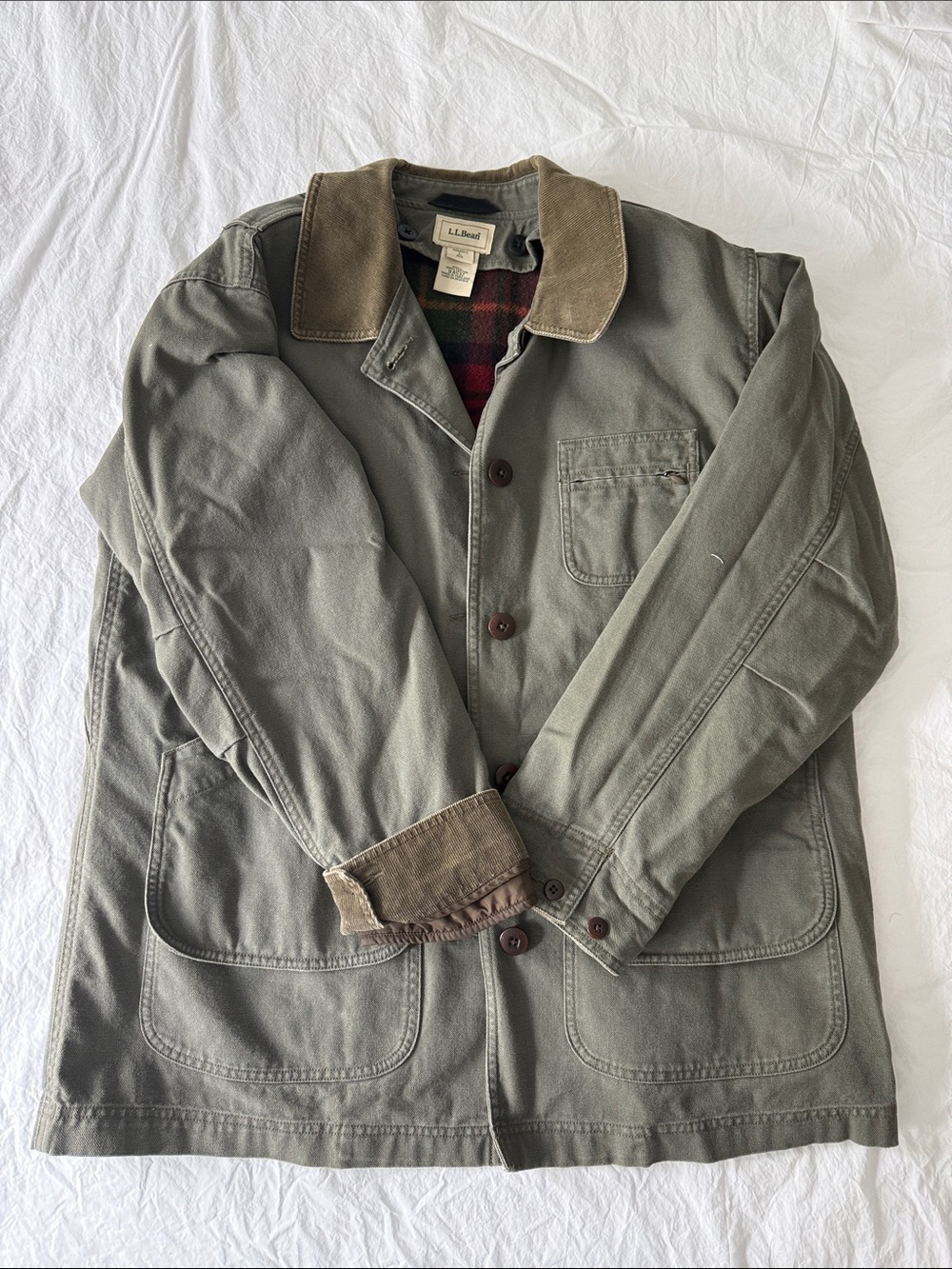 Vintage L.L. Bean Olive Green Field Jacket with Brown Corduroy Collar Men’s L